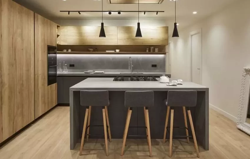 brown modern kitchen with grey