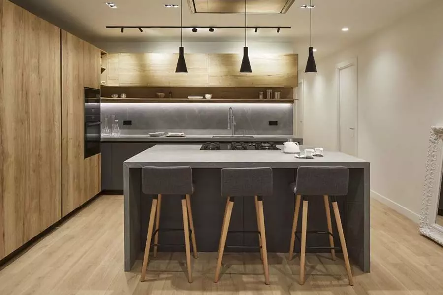 brown modern kitchen with grey