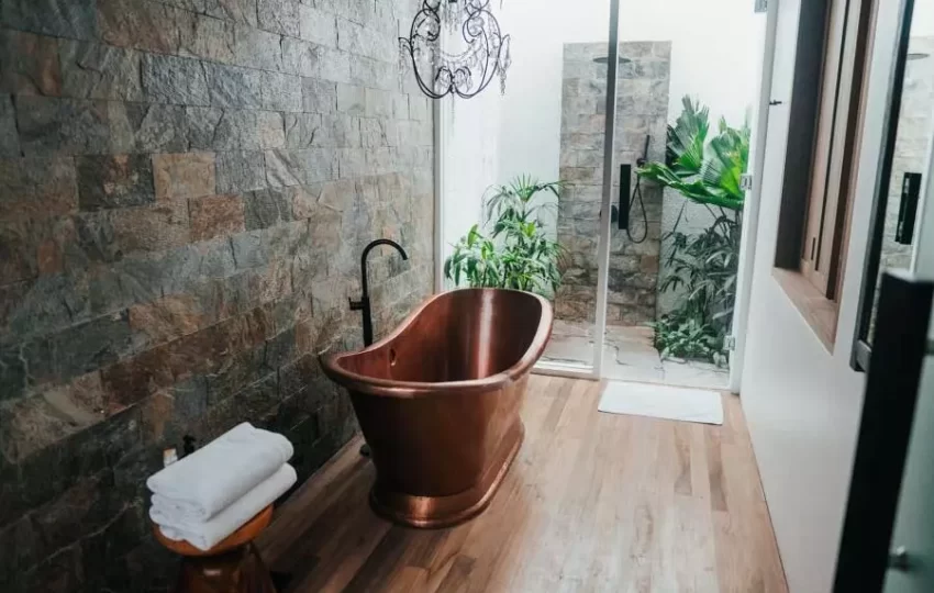 wooden floor in the vintage bathroom