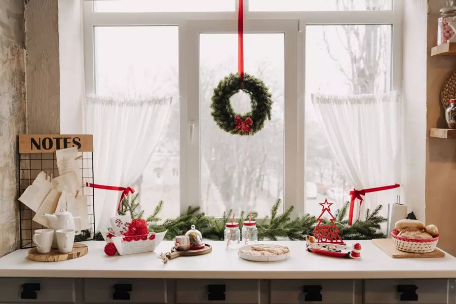 kitchen decorated for christmas