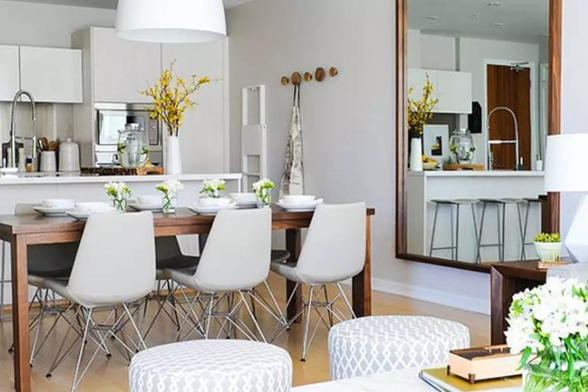 kitchen with the dining room and living room.