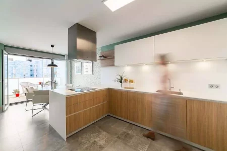 white kitchen and wood with recessed light