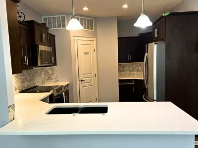 small kitchen with quartz sakura countertops