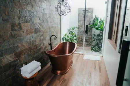 wooden floor in the vintage bathroom