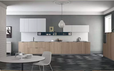 kitchen with wooden cabinet and gray combination